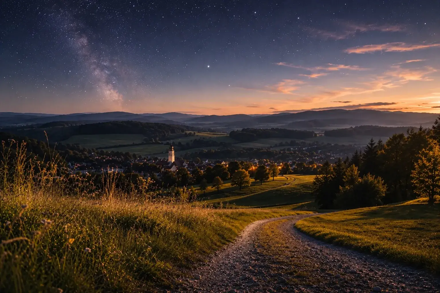 Feldweg im Allgäu unter Sternenhimmel, am Horizont die letzten Farben des Sonnenuntergangs