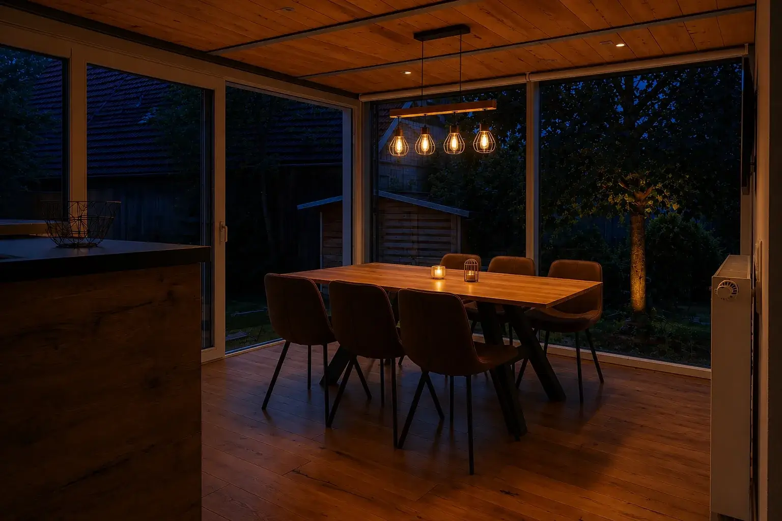 Wintergarten der Ferienwohnung Klärle am Abend, warm beleuchtet mit gedecktem Esstisch