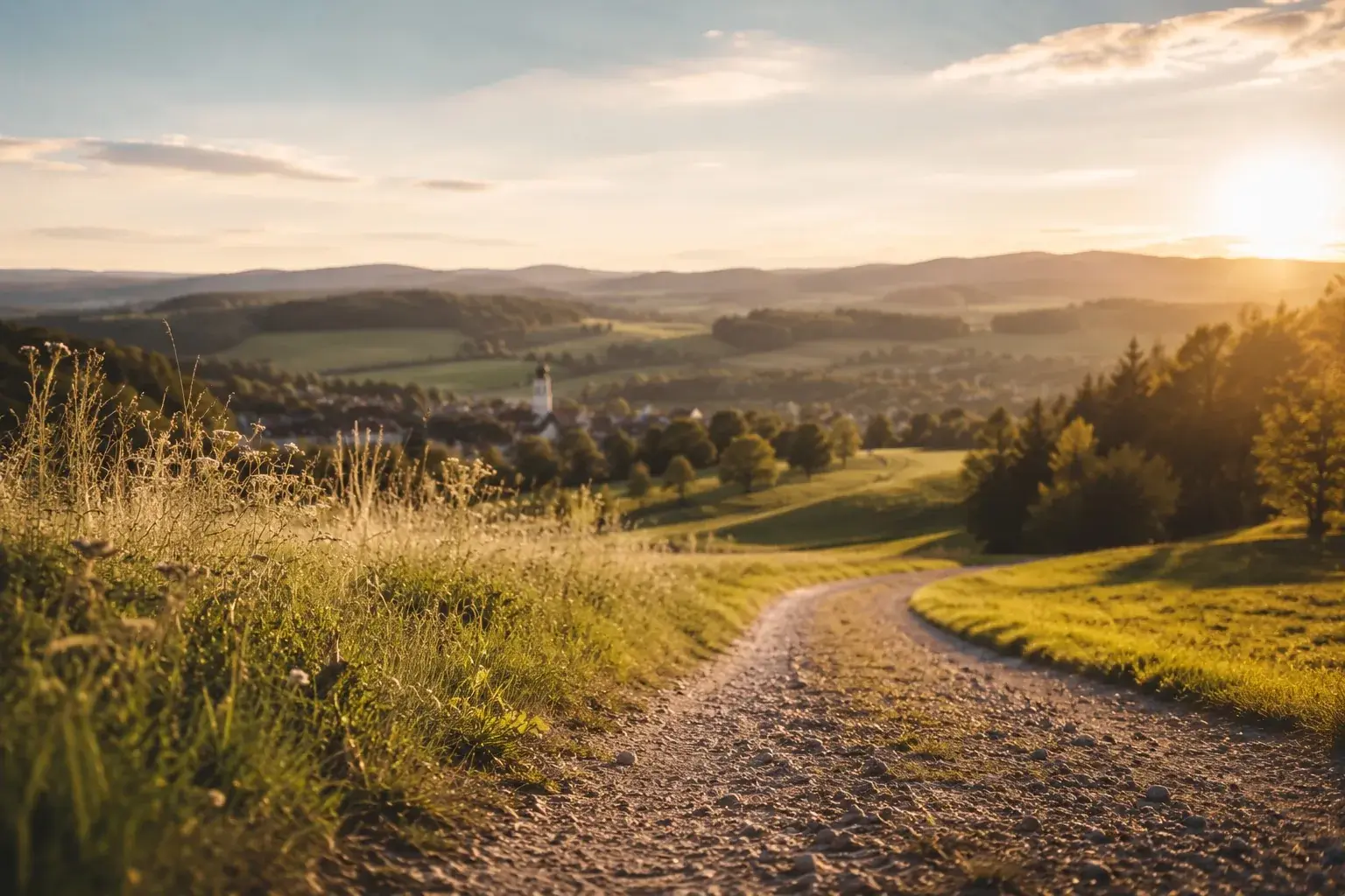 Feldweg im Abendlicht über den Hügeln bei Leutkirch im Allgäu