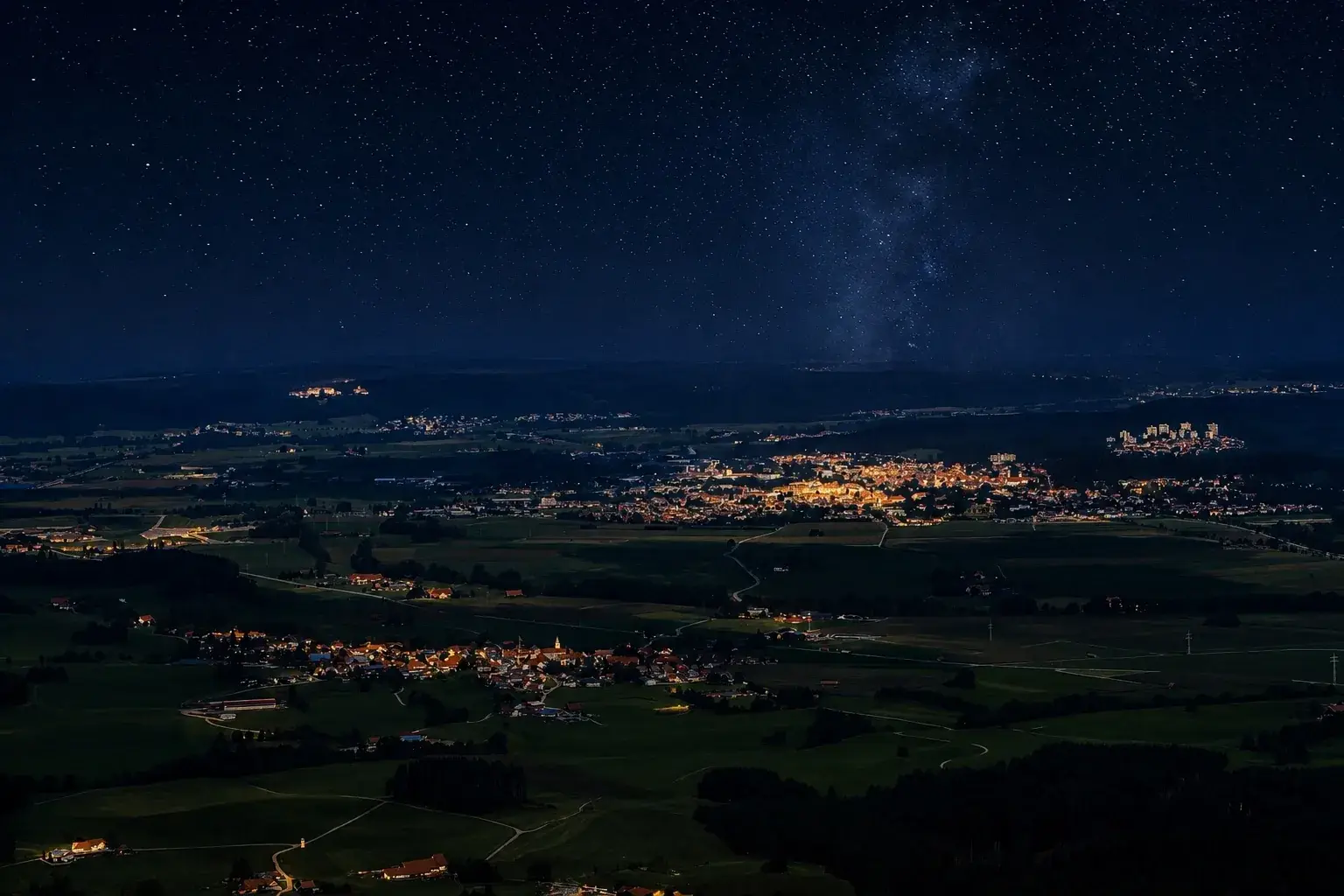 Nachtpanorama von Leutkirch im Allgäu mit Sternenhimmel über der beleuchteten Stadt
